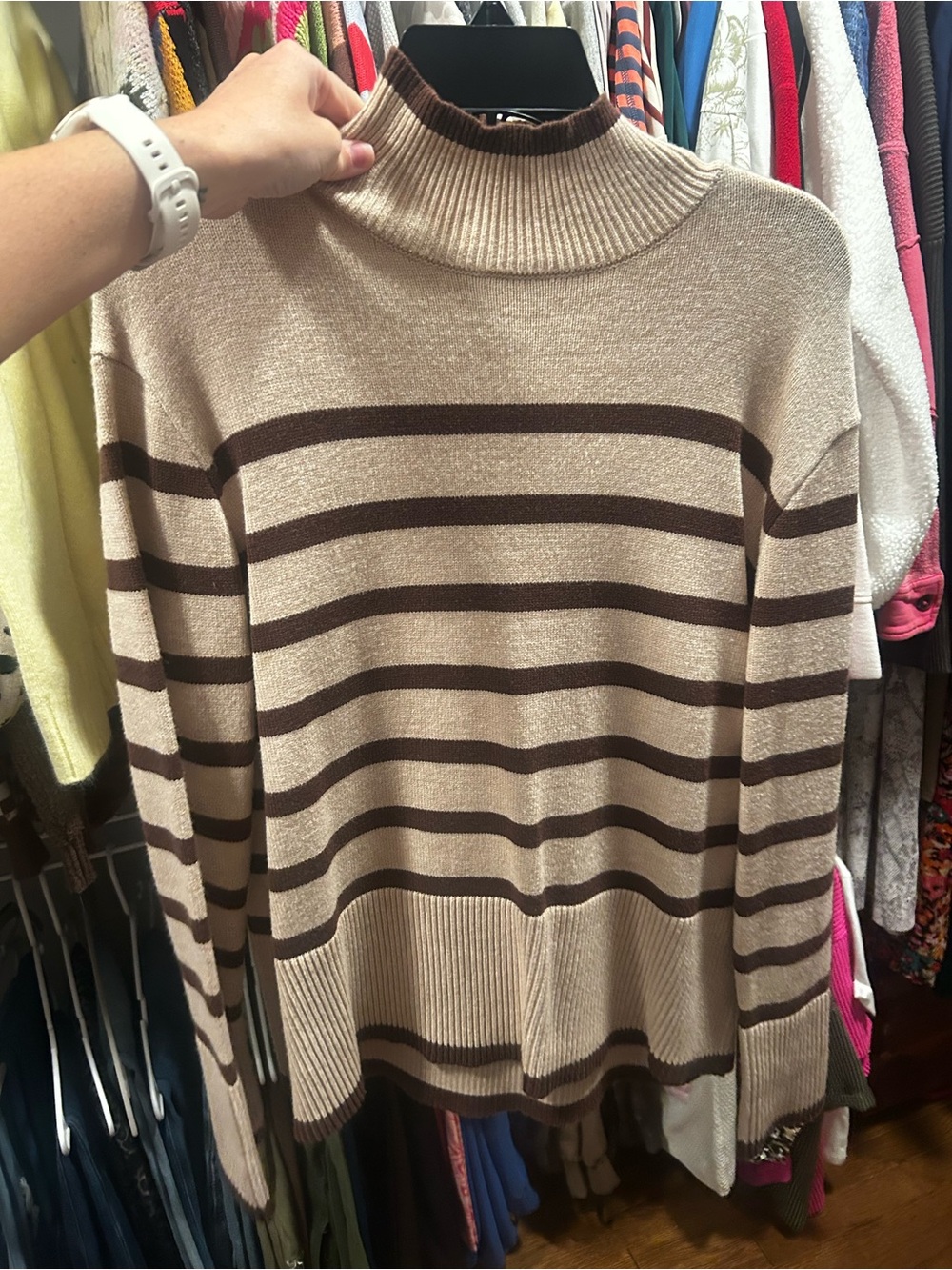 Women's Cream and Brown Striped Mock Neck Sweater